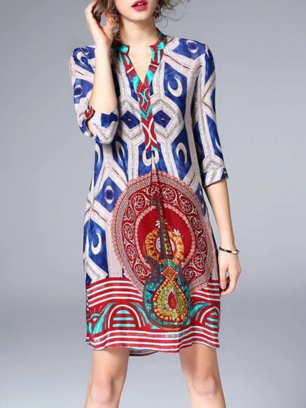 NWT StyleWe 100% Silk Boho Art Guitar Print Shift Dress Tunic sz L